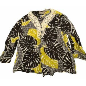 Boho life Style Lightweight Button-Down Top Lace Trim Tropical Print Size M READ